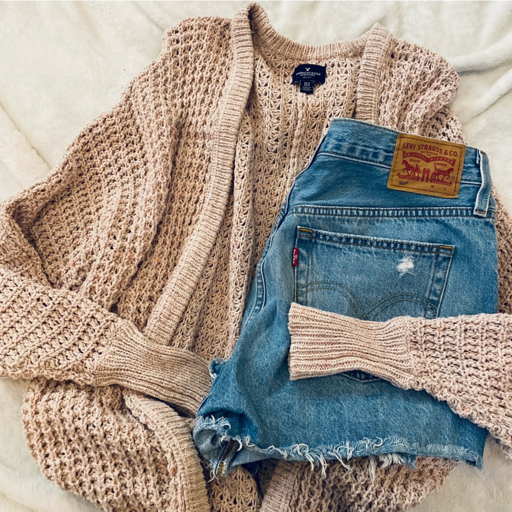 American Eagle Waffle Knit Weave Open Cardigan Pinky Cream Size XS